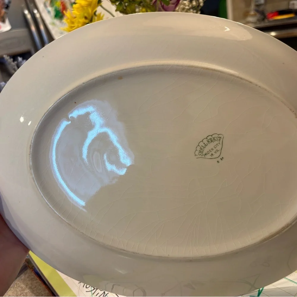 Paden City Shell Krest 1930/ White Platter with Green Leaf Design Platter